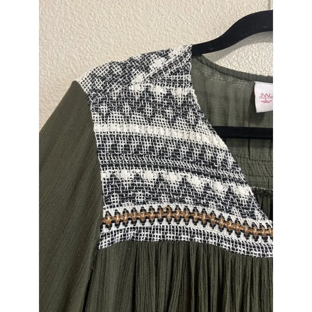 Kimono Cardigan Embroidered Boho Earthy Tassel Gauze Olive Green Tribal Size L